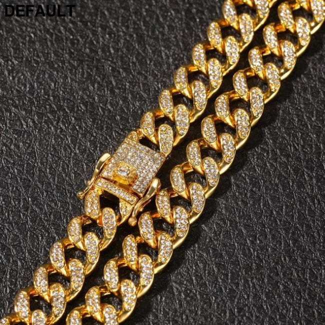 13mm Cuban Miami Link Rhinestones Necklace Chain Full Bling Gold color / 16inch Men Necklaces Sterling Silver
