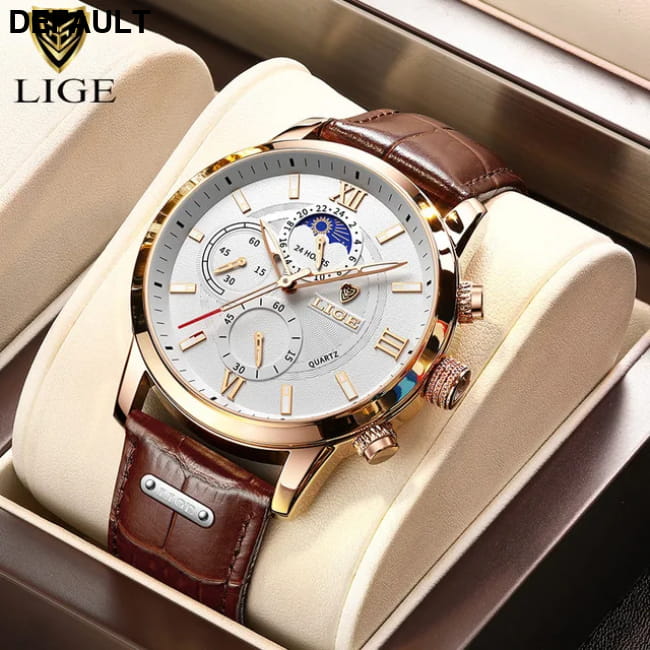 2025 New Mens Watches LIGE Top Brand Luxury Leather Casual Rose gold white / CHINA Men Sport