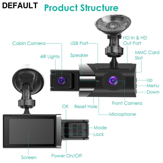 2K Car DVR 3 Channel Dash Cam Camcorder Camera Recorder Black Cameras Electronics