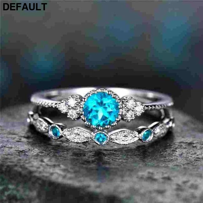 2Pcs/Set 2018 Luxury Green Blue Stone Crystal Rings 5 / Lake Sterling Silver