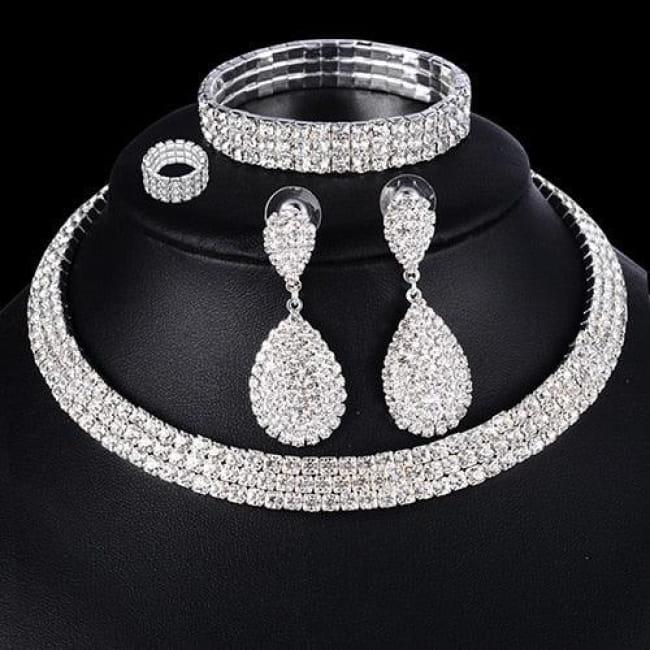 4 Pcs Luxury Wedding Bridal Jewelry Sets with Brides Necklace Sterling Silver Necklaces