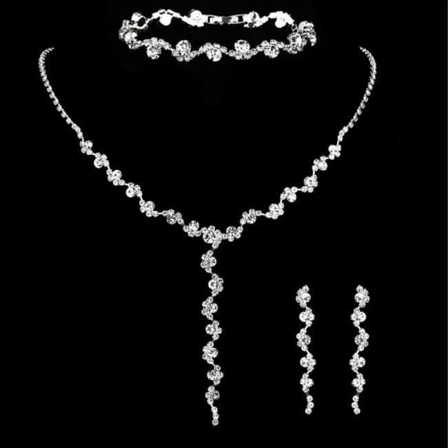 4 Piece Rhinestone Necklace Bracelet Earrings Bridal Jewelry Set 80807301-Silvery Sterling Silver Sets Necklaces