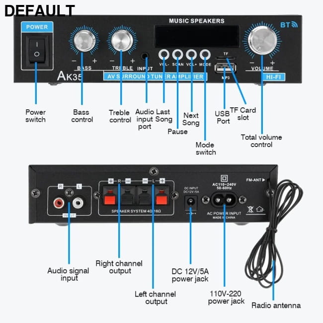 800W Home Car Amplifiers 2 Channel bluetooth 5.0 Stereo Power