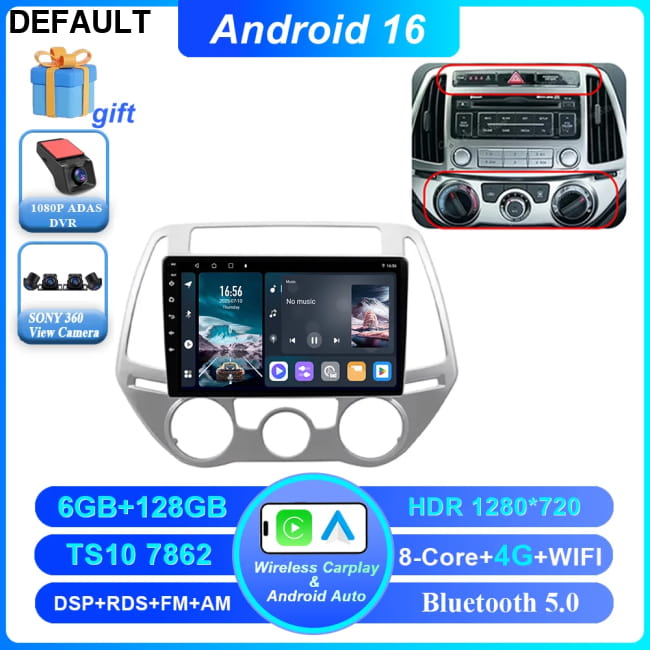 Android 16 Car DVD For Hyundai I20 2010 2012 2013 2014 Auto 6-128G 360 4G