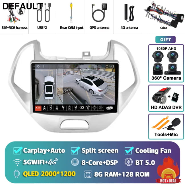 Android 16 Carplay Auto Car Radio For Ford FIGO KA 2K 8G-128G 360 DVR Audio Receiver Components