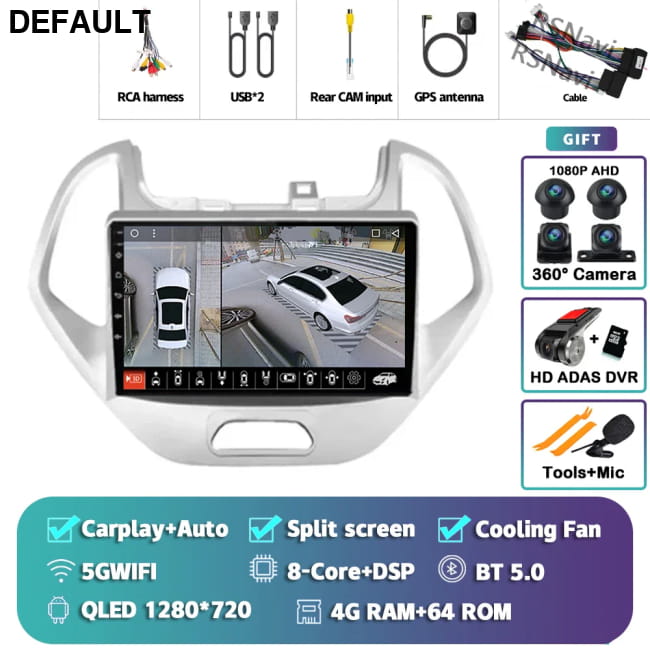 Android 16 Carplay Auto Car Radio For Ford FIGO KA 4G-64G 360 DVR Audio Receiver Components