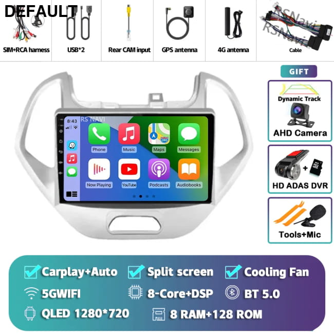 Android 16 Carplay Auto Car Radio For Ford FIGO KA 8G-128G CAM DVR Audio Receiver Components