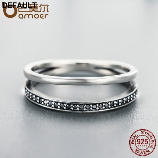 BAMOER 925 Sterling Silver Double Circle Black Clear CZ Rings