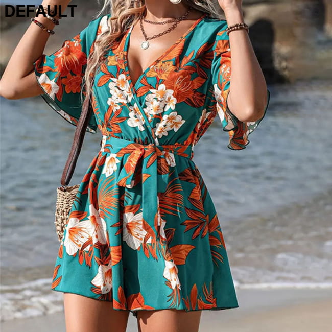 Beach Vacation Ruffle Sleeve Short Culottes Printed Jumpsuit Jumpsuits & Rompers One-Pieces