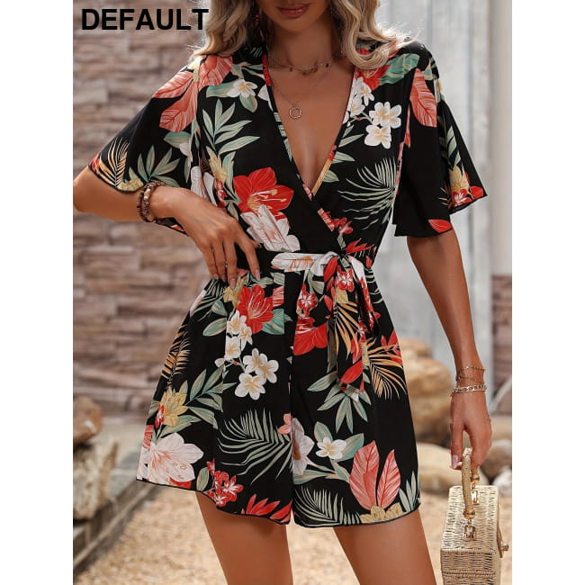Beach Vacation Ruffle Sleeve Short Culottes Printed Jumpsuit L / Black Jumpsuits & Rompers One-Pieces