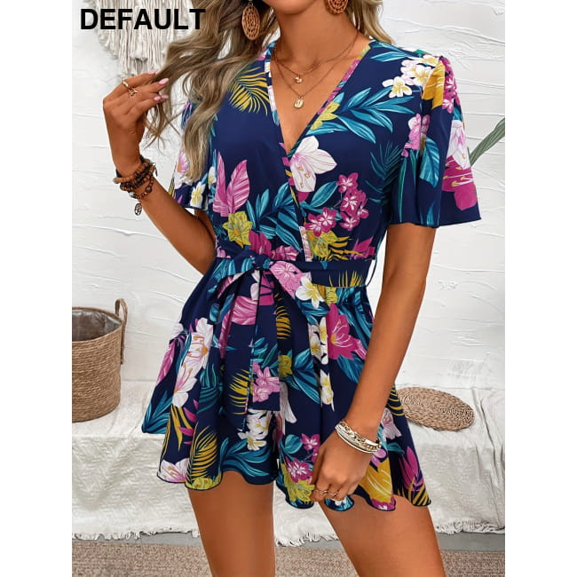 Beach Vacation Ruffle Sleeve Short Culottes Printed Jumpsuit L / Navy Blue Jumpsuits & Rompers One-Pieces
