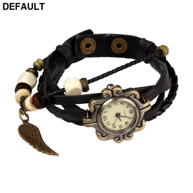Beautiful Bohemian Style Retro Handmade Leather Angel Wing Black Women Watches