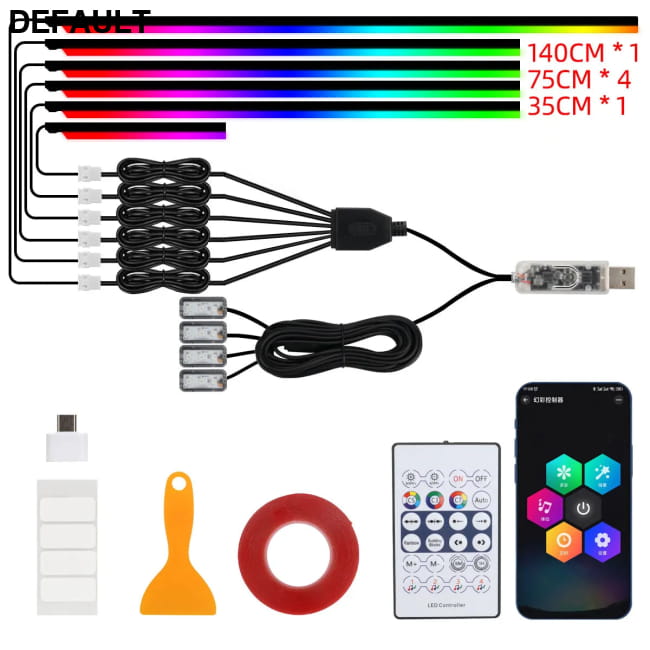Car LED Acrylic Light Strip for Interior Ambient Accessories RGB Bars