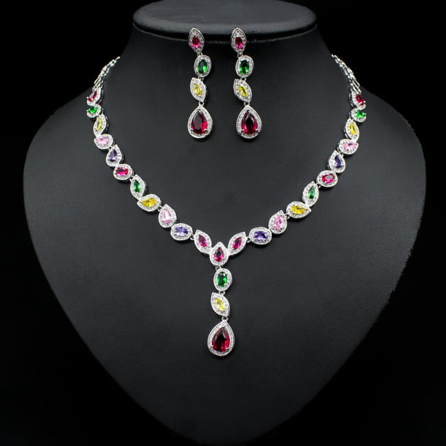 Colorful Zircon Necklace Earrings Clavicle Chain Female Color Sterling Silver Sets Necklaces Jewelry