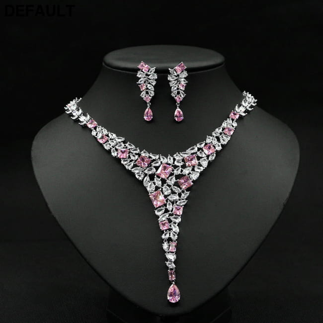 Colorful Zircon Necklace Set Wedding Dress Earring Pink Sterling Silver Sets Necklaces Jewelry