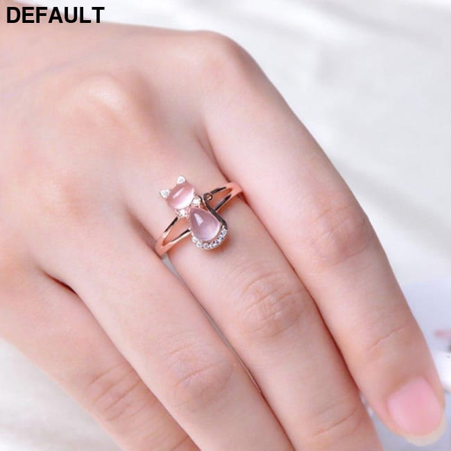 Cute Cat Animal CZ Ross Quartz Crystal Pink Opal Rings Sterling Silver