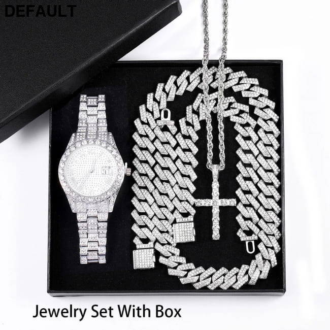 Exquisite Watch Set with Gift Box Cuban Chain Diamond Men Bracelets Jewelry Sets