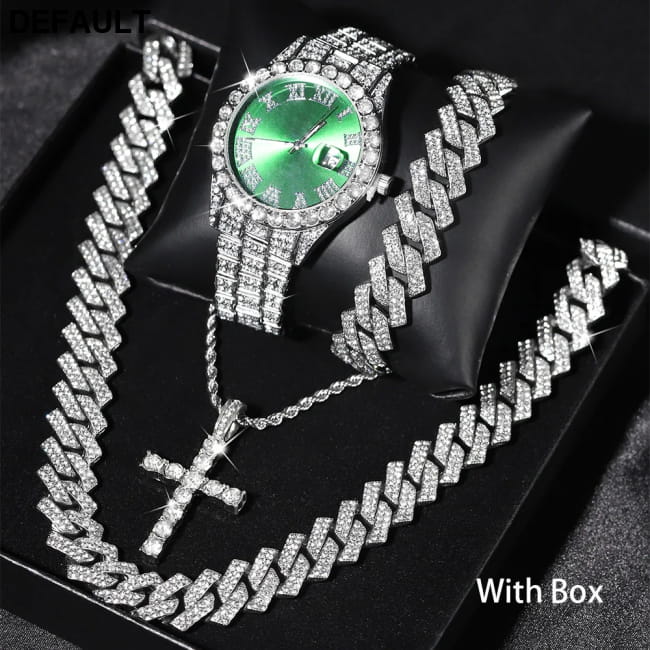 Exquisite Watch Set with Gift Box Cuban Chain Diamond GREEN Men Bracelets Jewelry Sets