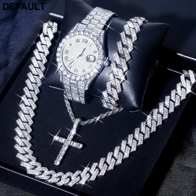 Exquisite Watch Set with Gift Box Cuban Chain Diamond WHITE Men Bracelets Jewelry Sets