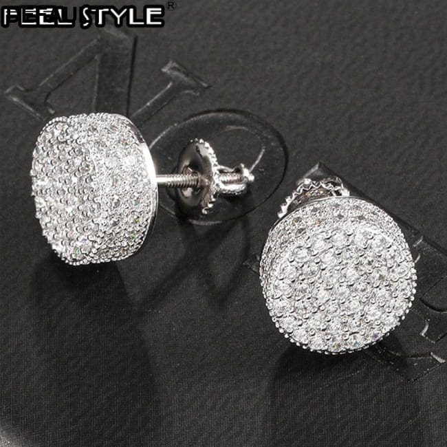 Hip HOP 1Pair Micro Full Paved Rhinestone Round Zircon CZ Men Earrings