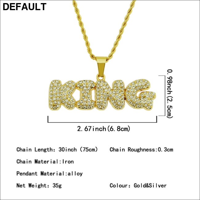 Hip Hop Men’s Diamond Alphabet King Pendant Necklace Rock Men Necklaces Sterling Silver
