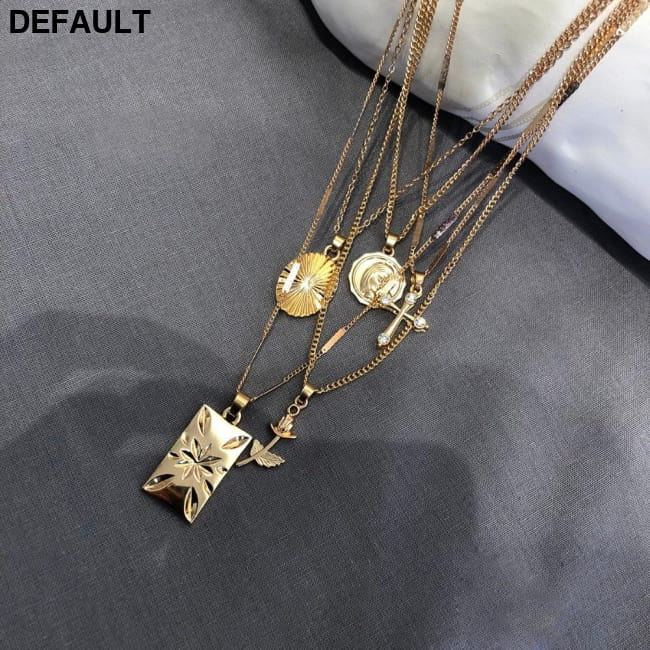 Layered Rose Cross Pendant Choker Necklace Set Boho Golden Sterling Silver Necklaces