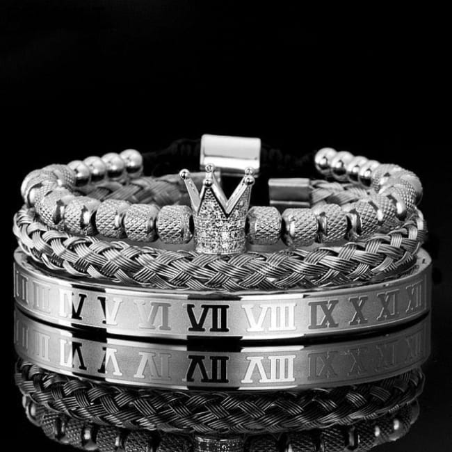Luxury Micro Pave CZ Crown Roman Royal Charm Men Bracelets Silver Set Number