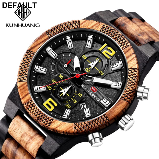 Men’s Wood Watches Luxury Luminous Multi-function Wooden Black yellow Men Sport Best Selling Products