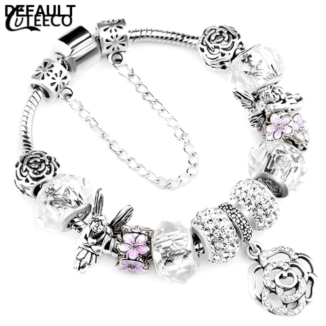 Silver Charms Bracelet Bangle For Women Crystal Flower Sterling Bracelets Best Selling Products