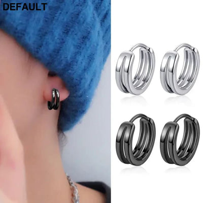1 Pair Hollow Double Ring Small Hoop Earrings For Men Women New Trend Black Silver-color Hip Hop Party Gothic Ear