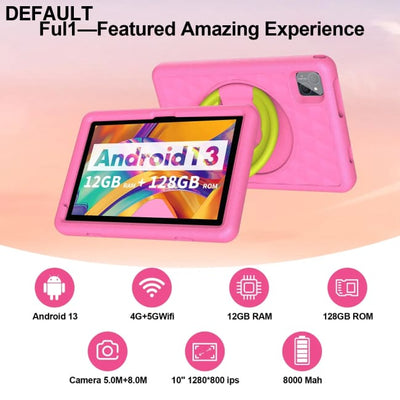 10.1 Inch Tablet for Kids Android 13 Octa-Core 4G LTE Dual SIM Parental Control 12GB RAM(6 + 6 Expand)/128 GB Storage