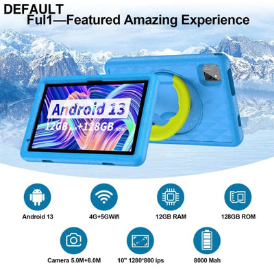10.1 Inch Tablet for Kids Android 13 Octa-Core 4G LTE Dual SIM Parental Control 12GB RAM(6 + 6 Expand)/128 GB Storage