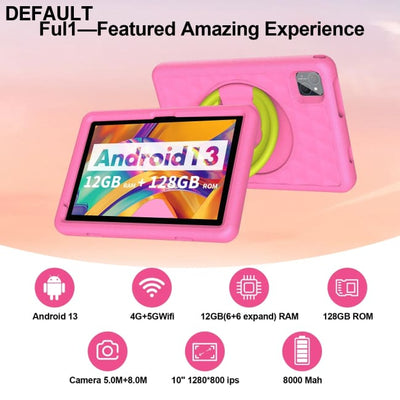 10.1 Inch Tablet for Kids Android 13 Octa-Core 4G LTE Dual SIM Parental Control 12GB RAM(6 + 6 Expand)/128 GB Storage