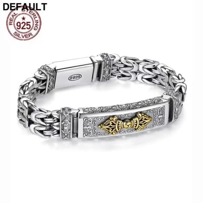 100% Real Solid S925 Silver Retro Hipster Men’s Bracelet Creative Personality Hand Jewelry Diamond Pestle Peace Pattern