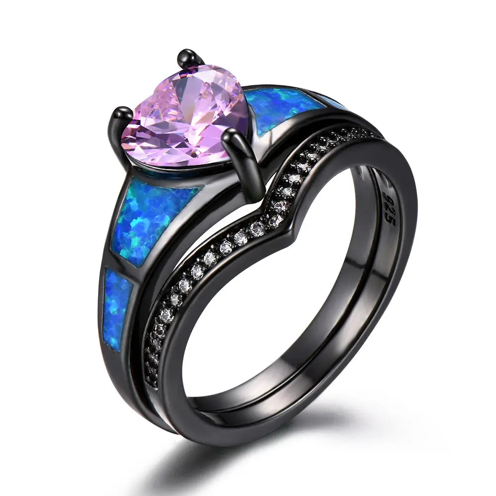 Heart Fire Opal Rings For Women Vintage Fashion Jewelry Engagement Black Gold Filled Rainbow Blue Birthstone Ring