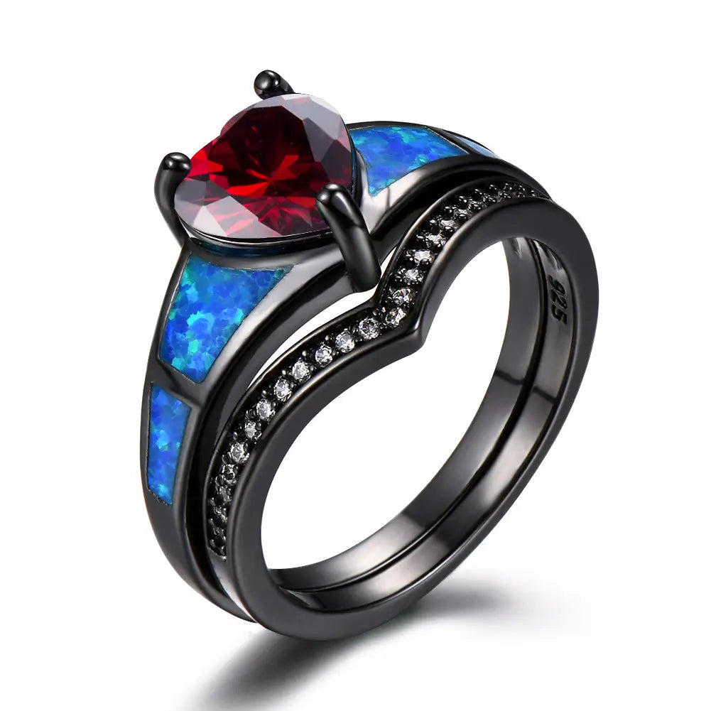 Heart Fire Opal Rings For Women Vintage Fashion Jewelry Engagement Black Gold Filled Rainbow Blue Birthstone Ring