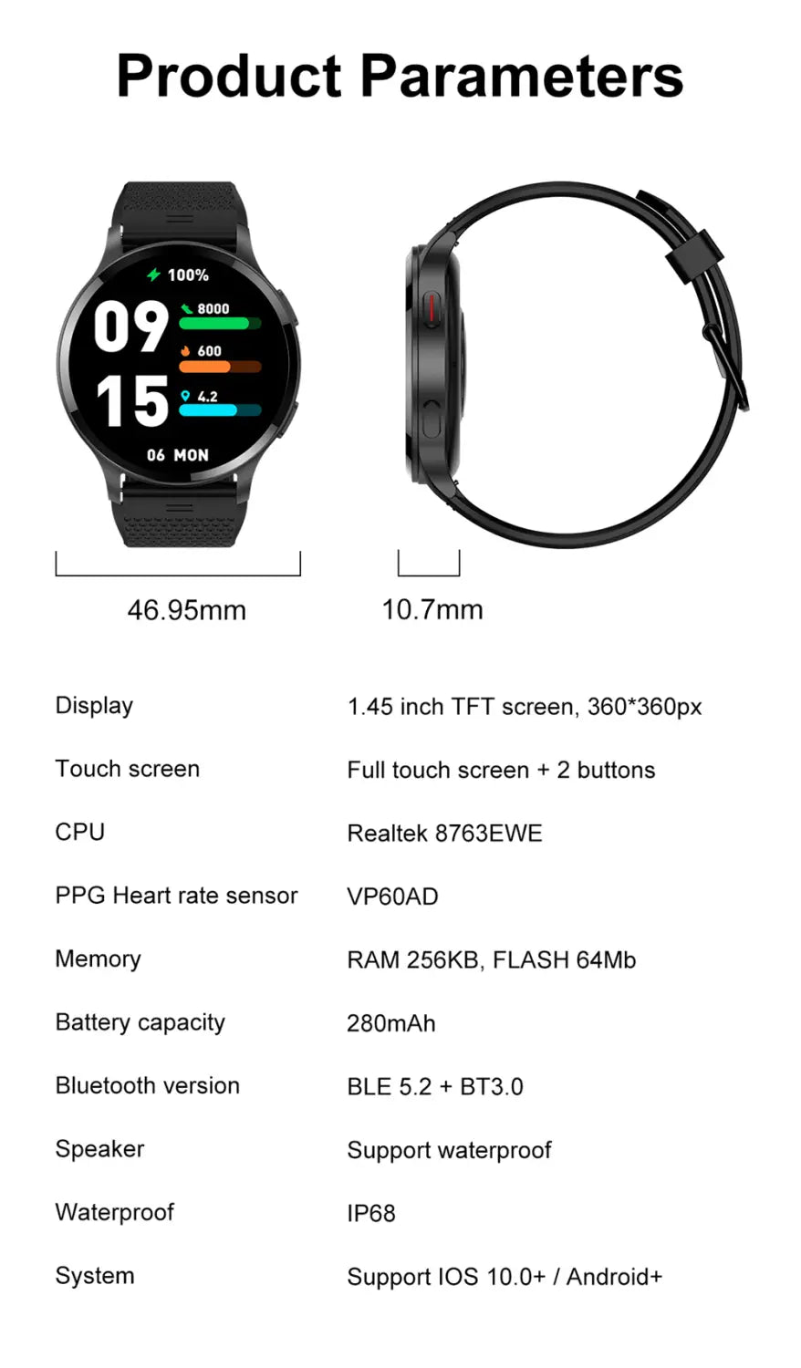 Men and women waterproof bluetooth call smart watch heart rate blood oxygen all day detection 15 kinds of sports push