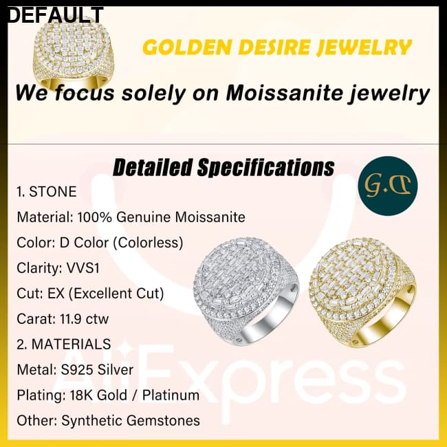 11.9 CTW Hip Hop Statement Moissanite Diamond Ring for Men 18K Gold Plated S925 Sterling Silver with Bold Urban Luxury