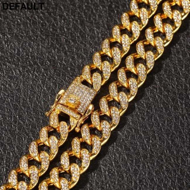 13mm Cuban Miami Link Rhinestones Necklace Chain Full Bling Punk Choker Charms Hiphop Jewelry Gold color / 16inch Men
