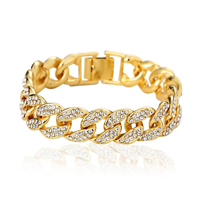 Cuban Thick Link Chain Bracelet Punk Luxury Crystal Bracelets for Women Men Jewelry Gold Color Rhinestone Bangles Bling