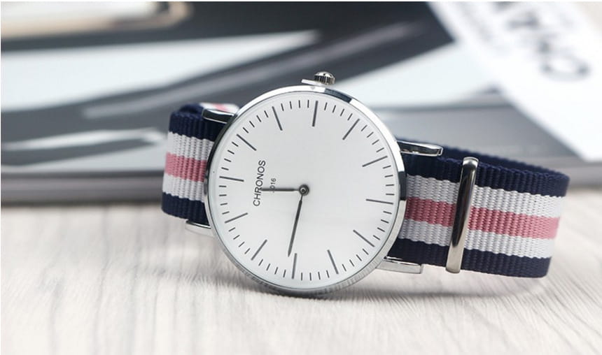 CHRONOS Watch Nylon Knitted Watchband Two Needle Cloth Button Couple