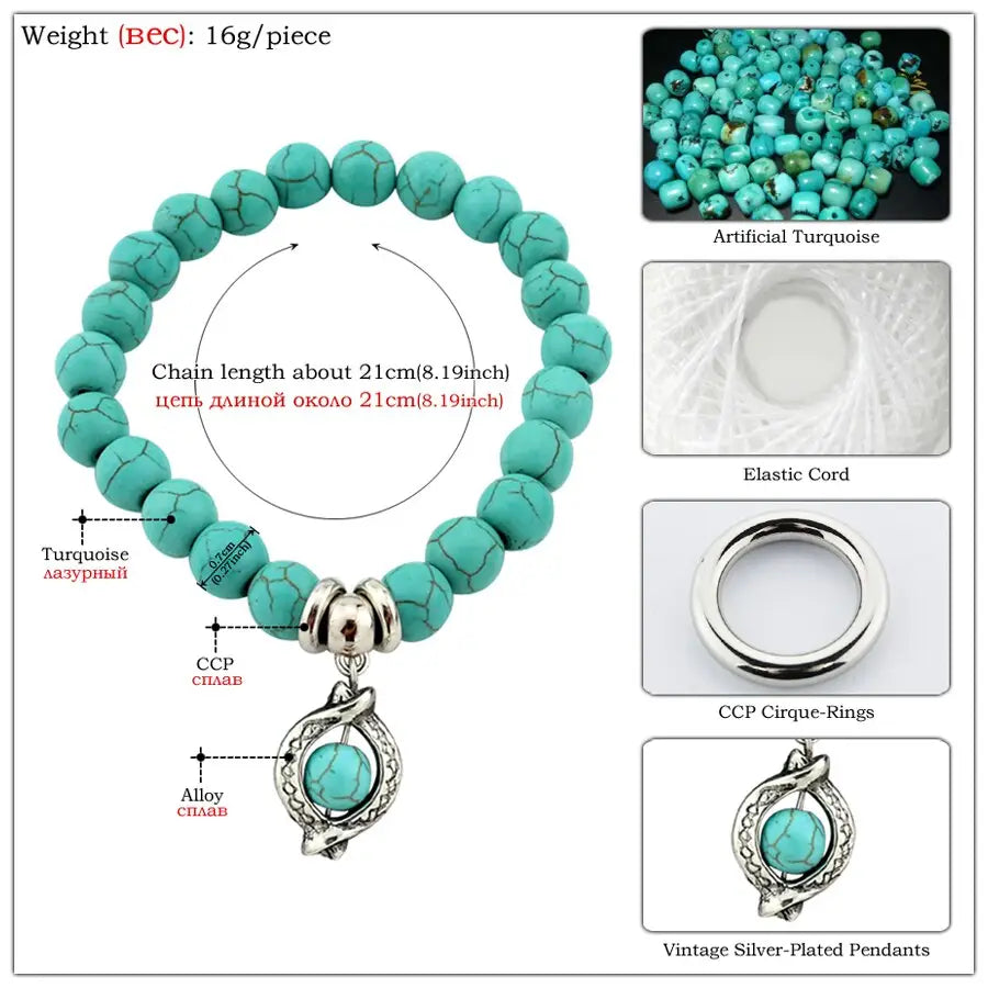 Vintage Turquoises Bracelets for Women Men Cross Tree Snake Owl Hand Pendant Charm Bracelet Bangle Fashion Jewelry