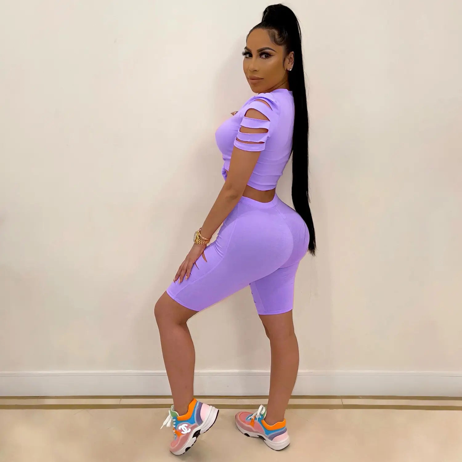 Solid Color Ripped Leisure Sports Suit