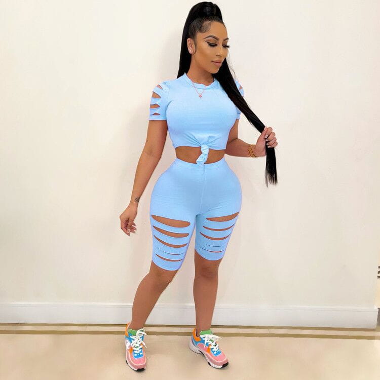 Solid Color Ripped Leisure Sports Suit