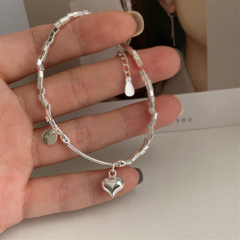 S925 Sterling Silver Square Charm Bracelet With Round Discs And Heart Pendants