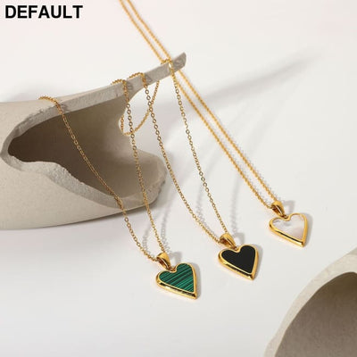 18k Gold & Shell Love Pendant Necklace - Green Malachite Black - Elegant Titanium Steel Jewelry for Women Sterling