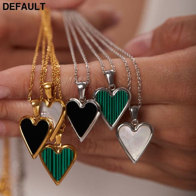 18k Gold & Shell Love Pendant Necklace - Green Malachite Black - Elegant Titanium Steel Jewelry for Women Sterling