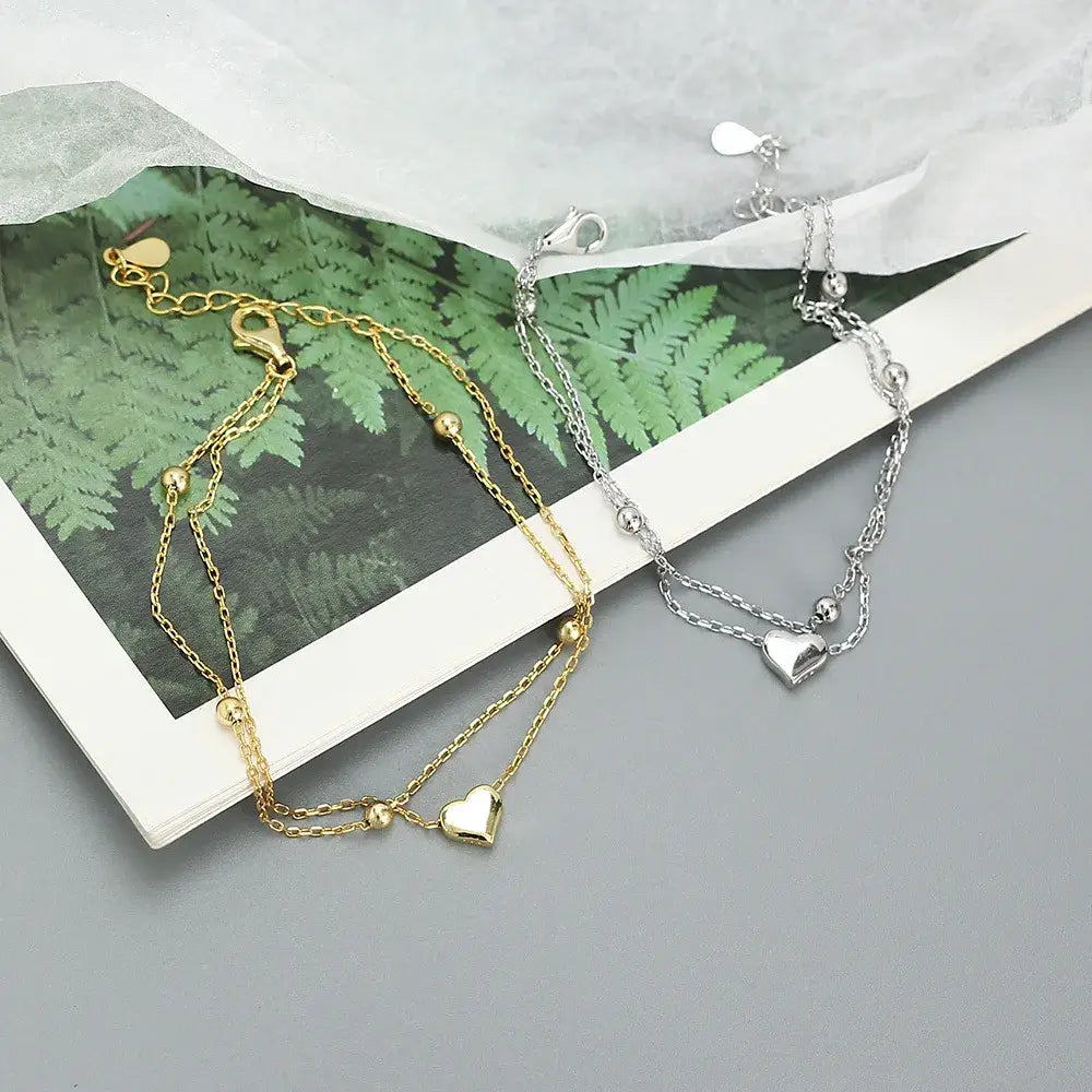 925 Sterling Silver Double Layer Heart-shaped Bracelet for Women Girl Korean Style Small Fresh Summer