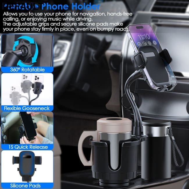 2 In 1 Car Cup Phone Holder Automotive Drink with 360° Rotating Gooseneck Mount Adjustable Base Fit for Most Phones
