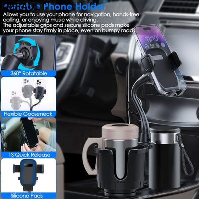 2 In 1 Car Cup Phone Holder Automotive Drink with 360° Rotating Gooseneck Mount Adjustable Base Fit for Most Phones
